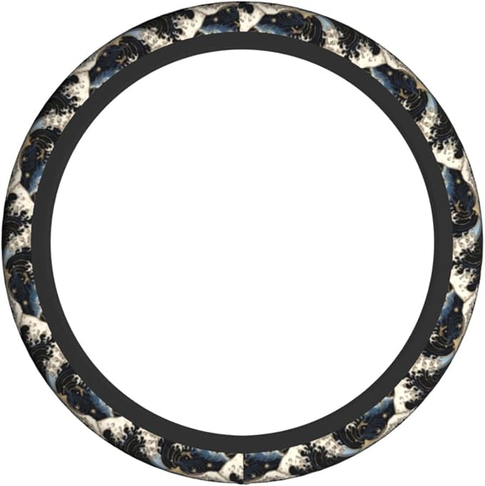 Japanese Wave Black Steering Wheel Cover Car Accessories Cute for Women Girls Girly Universal 15 Inch Neoprene Auto Interior Decor Anti Slip Car Truck Protector