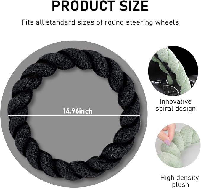Fluffy Car Steering Wheel Cover, 15 Inches Anti-Slip Round Fuzzy Winter Steering Wheel Protector, Soft Warm Plush Steering Wheel Cover for Women Girls, Car Accessories (Black, Round)