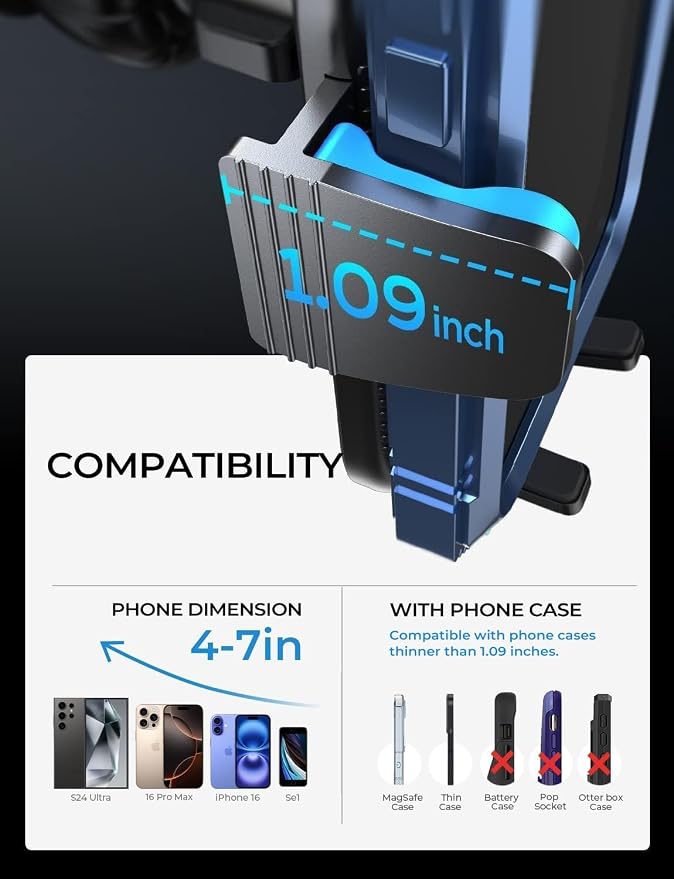 Car Phone Mount, Phone Holders for Your Car [Thick Cases Friendly] Car Vent Phone Holder & Metal Hook Truck Jeep Accessories for iPhone 17 Air Pro Samsung Google and All 4-7'' Phone