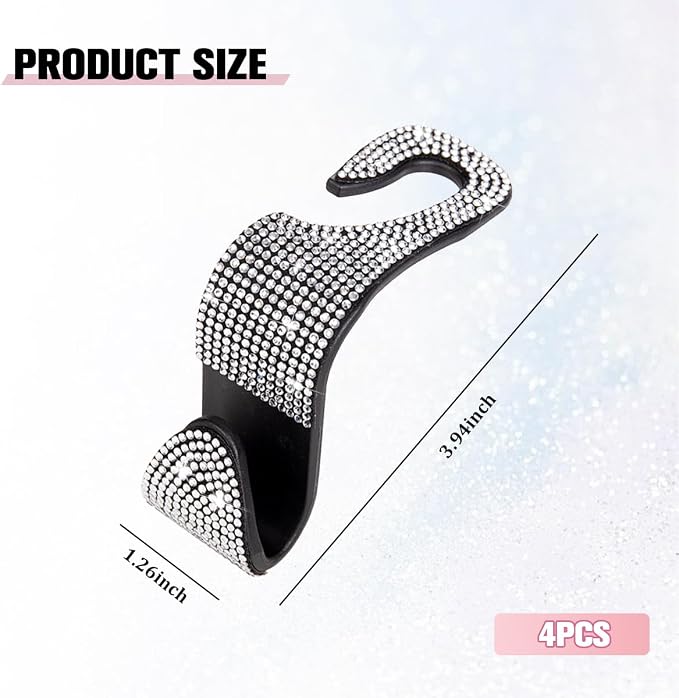 4PCS Bling Car Seat Headrest Hook, Crystal Rhinestone Backseat Hanger Organizer for Purse Handbag Umbrella, Shiny Auto Interior Seat Back Storage Holder Hook, Universal Fit (White)