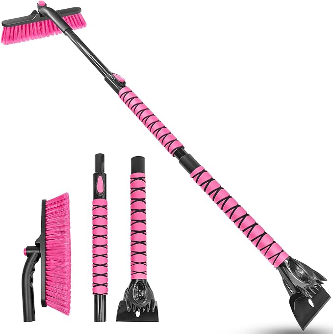51 Inch Snow Brush for Trucks, Extendable Long Handle Ice Scraper with Brush with Foam Grip, SUV Heavy Duty Snow Brush with Ice Scraper for Car Auto RV Vehicle Windshield Window - Pink