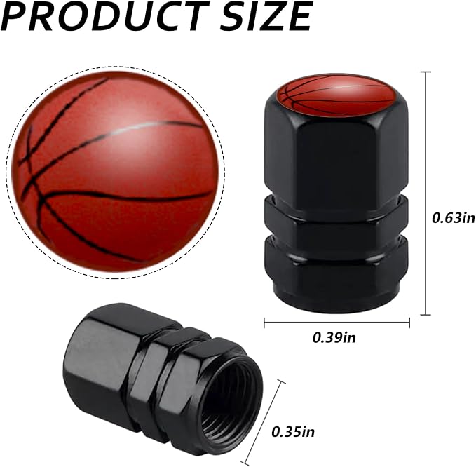 4Pack Basketball Tire Valve Caps Universal Tire Air Cap Valves Stem Covers | Aluminum Alloy Rust-Proof Valve Stem Caps, for Auto SUV Truck Motorcycle Bicycle, Basketball Gifts for Women Men Drivers