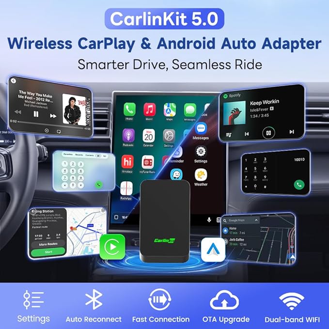 5.0 Wireless CarPlay/Android Auto Adapter USB for Factory Wired Cars (Model Year: 2015 to 2026), Convert Wired Apple CarPlay & Android Auto to Wireless Dongle, Fit in-Dash Navigation