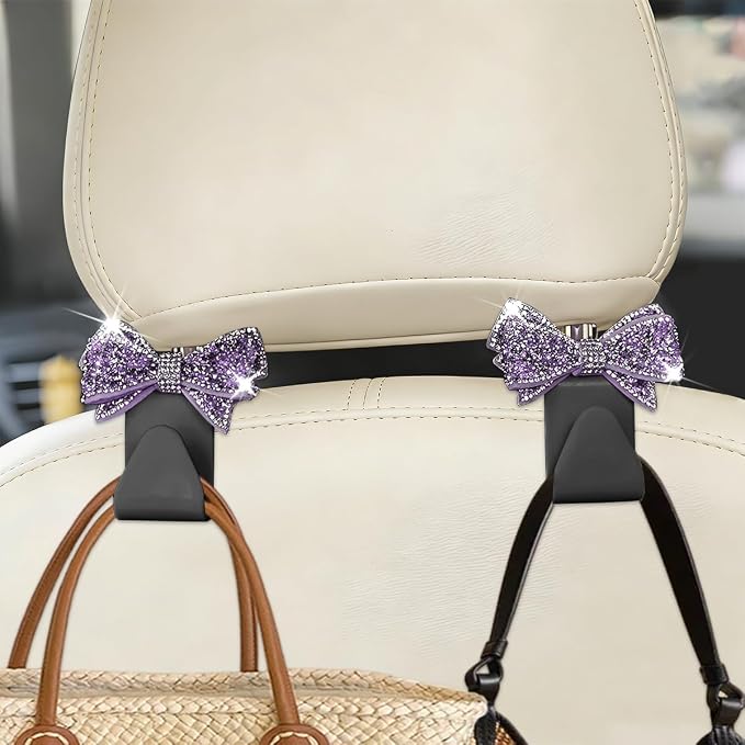 Zpana Bling Car Headreat Hook, 2PCS Crystal Rhinestone Cute Bow Vehicle Seat Back Hanger Storage for Purses Bags Grocery, Diamond Auto Rear Seat Organizer, Universal for SUV Truck Sedan (Purple)
