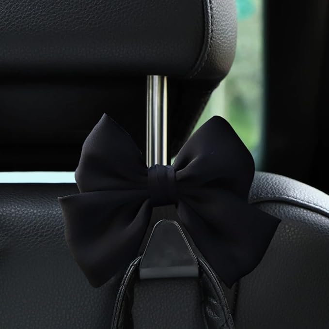 Mandark 2PCS Car Seat Headrest Hooks, Cute Bow Vehicle Hooks for Purses and Bags, Automotive Purse Hook Hanger Interior Decoration Accessories, Universal for SUV, Sedan, Truck (Black Line)