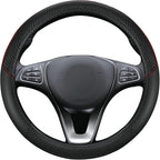 Leather Patchwork Black Steering Wheel Cover, 14.5-15 Inch Non-Slip Breathable Microfiber Car Steering Wheel Protector