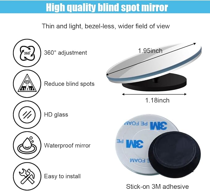 Round Blind Spot Car Mirror - 2" Frameless HD Glass Convex 360 Degree Wide Angle Rear View Side Mirror With Adjustable Stick for Car SUV Truck (Round/4PCS)