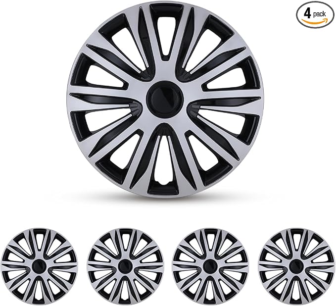 17 Inch Hubcaps Set of 4 Universal Wheel Rims Cover Hubcaps | Snap On Car Truck SUV Steel Wheels Hubcap and Durable ABS+PC Material (17-Inch-B, Silve Black)