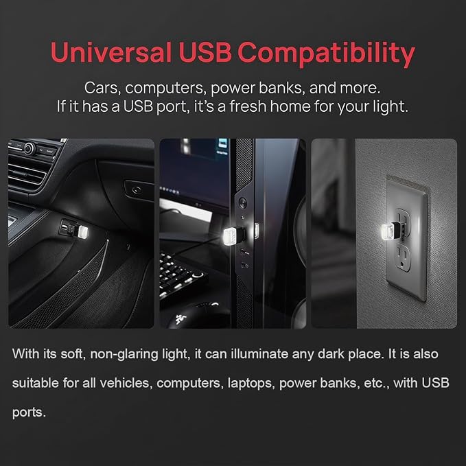 2PCS USB LED Car Interior Atmosphere Lamp, Portable Mini, White | 5V USB-A plug-in, soft accent glow, no wiring, decor night light, car accessories for cars, SUVs, trucks