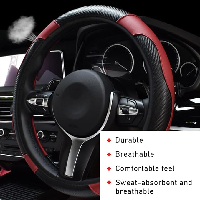 Car Steering Wheel Cover, 15 Inch Leather Breathable Auto Steering Wheel Protector, Comfortable Non-Slip Vehicle Steering Wheel Covers, Universal Interior Car Accessories (Wine Red)