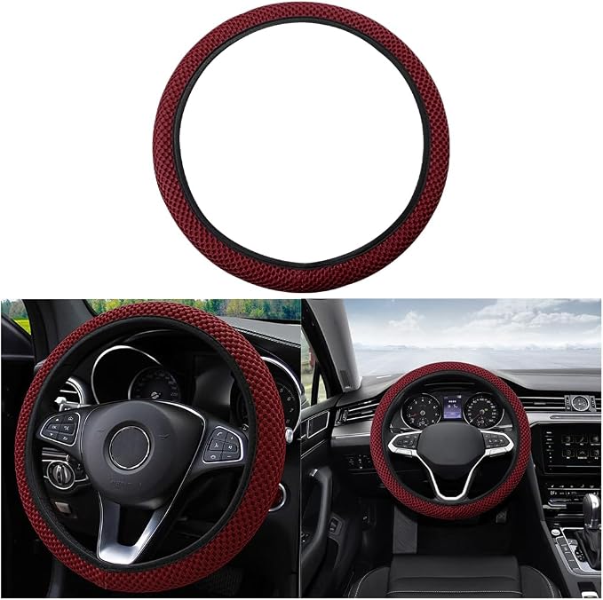 Moly Magnolia Elastic Stretch Steering Wheel Cover, Universal 15 Inch Automotive Steering Wheel Cover, Microfiber Breathable Anti-Slip Odorless Ice Silk, Warm in Winter Cool in Summer (Wine Red)
