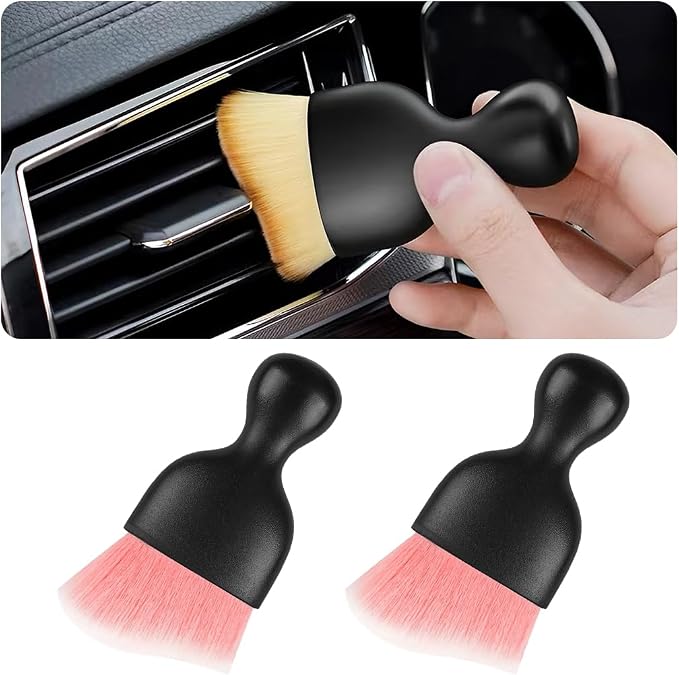2PCS Car Interior Detailing Brush with Dust Cover, Auto Soft Hair Cleaning Brushes, Scratch Free Curved Dirt Collectors, for Vehicle Dashboard Air Conditioner Vents Leather(Pink/White)