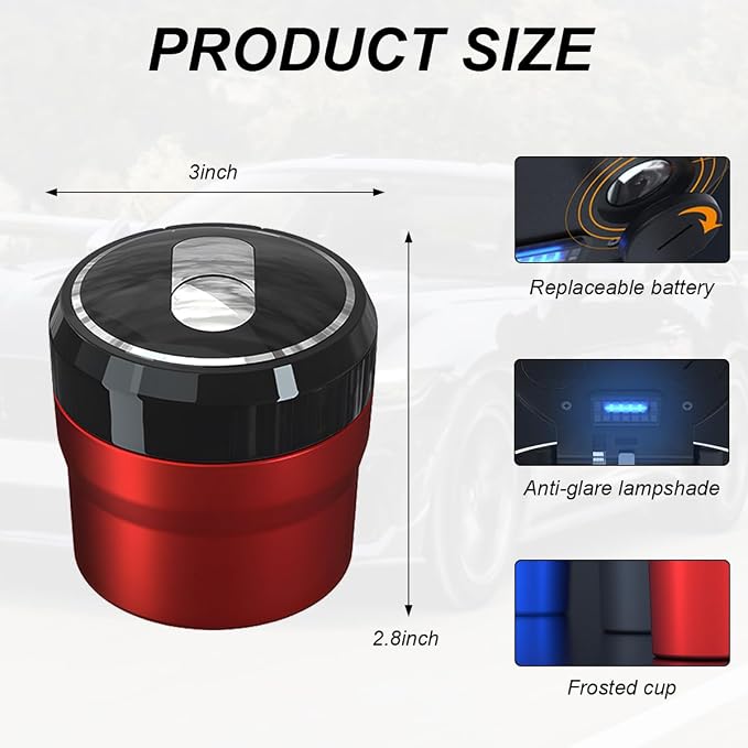 Car Ashtray with Lid, Easy Clean Up Detachable Smokeless Ashtray with LED Blue Light, Portable Mini Ash Tray Cup Holder for Car Home Office Travel, Interior Auto Accessories (Red, Small)
