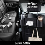 Car Seat Back Organizer with Headrest Hooks, Premium Nappa Leather Backseat Storage Pockets for Match Day Tailgating, Space Saving Auto Interior Travel Accessories Holder Fits Most Vehicles (Black)