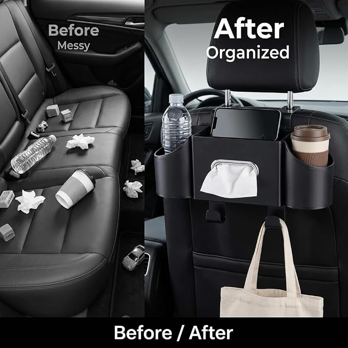 Car Seat Back Organizer with Headrest Hooks, Premium Nappa Leather Backseat Storage Pockets for Match Day Tailgating, Space Saving Auto Interior Travel Accessories Holder Fits Most Vehicles (Black)