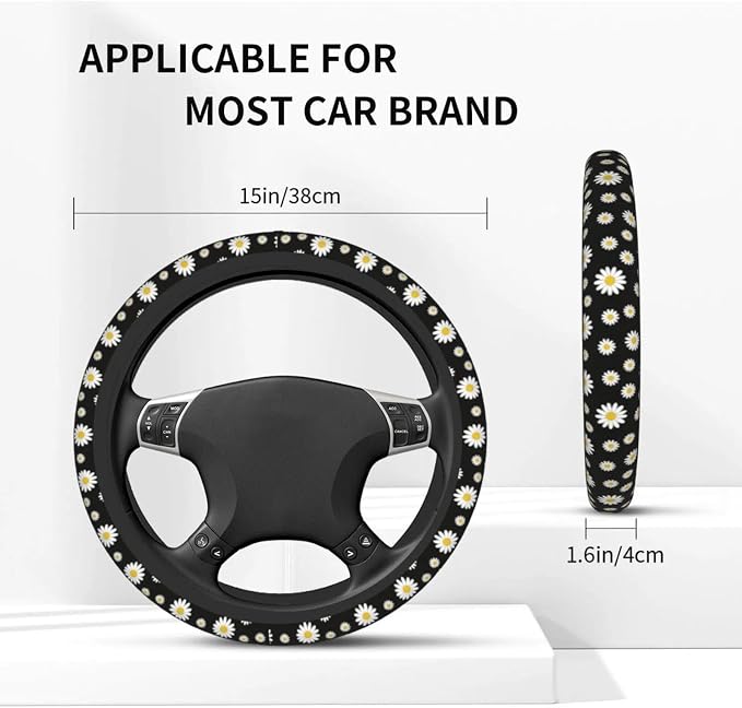 Daisy Steering Wheel Cover Universal 14.5-15 Inch Non-Slip Daisy Car Accessories for Women Men