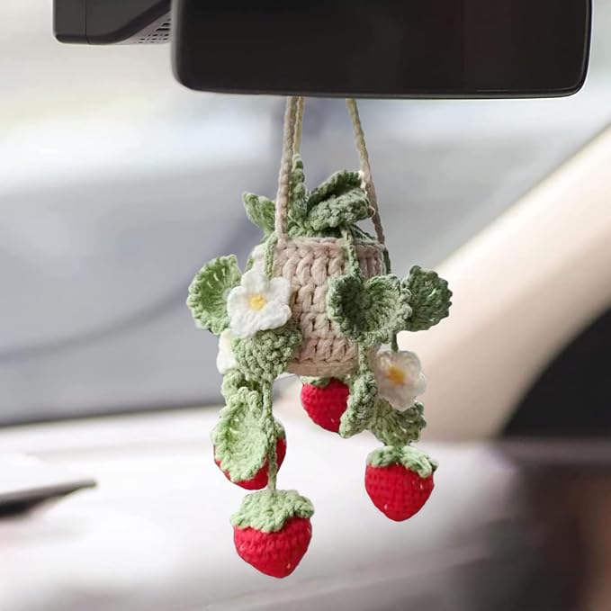 Cute Crochet Plant for Car Rear View Mirror,Boho Hanging Accessories Decor | Handmade Pendant for Women Girls,Green Interior Aesthetic Truck Hanger Ornament Charm for Men (Red Strawberry Plant)