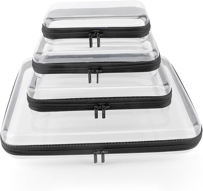 Clear Hard Shell Zipper Case, Clear Zipper Pouches Waterproof Makeup Organizer & Travel Toiletry Storage Bag, Plastic Pouch for Office, Home, Black, 4Pack XL+L+M+S