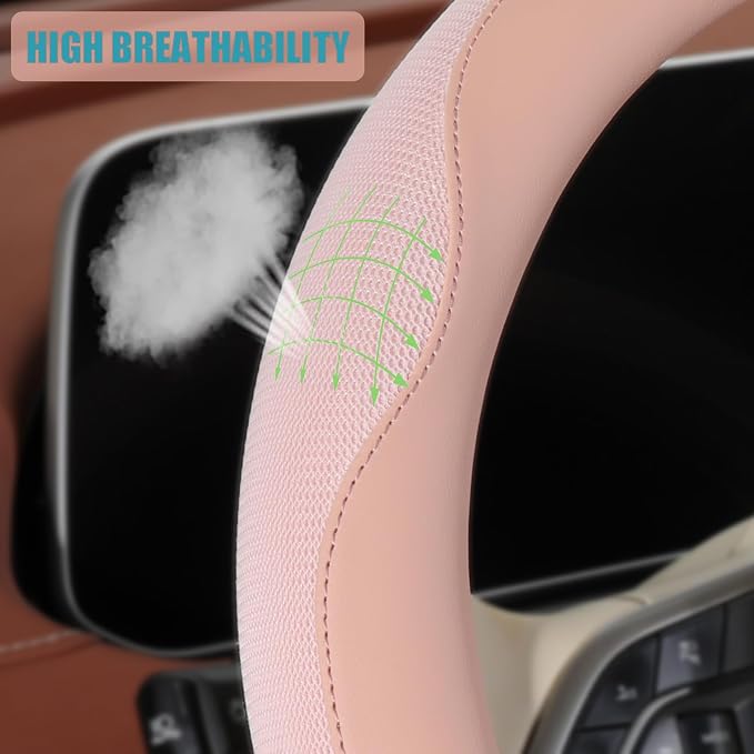 Nappa Leather Steering Wheel Cover, Advanced Microfiber Leather Non-Slip Breathable Fabric, Warm in Winter and Cool in Summer, Pink Large 15.5 inch to 16 inch