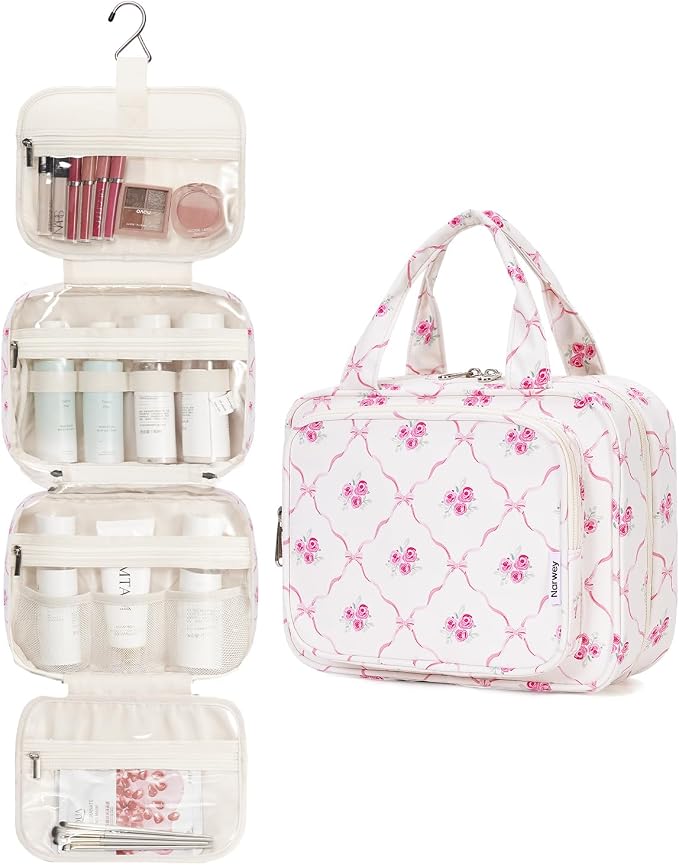 Hanging Toiletry Bag for Women Travel Makeup Bag Organizer Toiletries Bag for Travel Size Essentials Accessories Cosmetics (Bowknot and Flower (Medium))