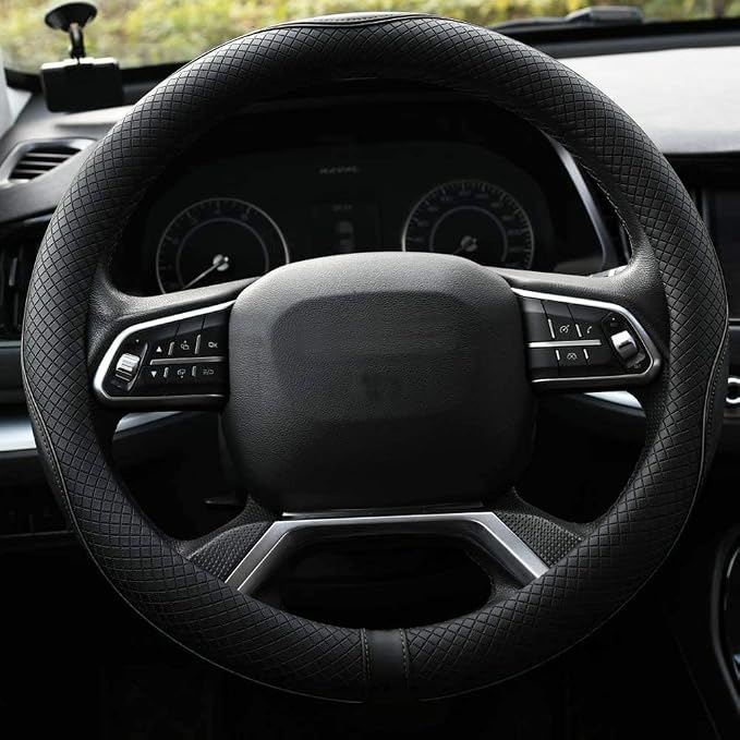Microfiber Leather Steering Wheel Cover Anti-Slip Matte Finish Auto Car Wheel Cover Universal 15 Inch Wheel Cover for Car Embossing Pattern Black Line