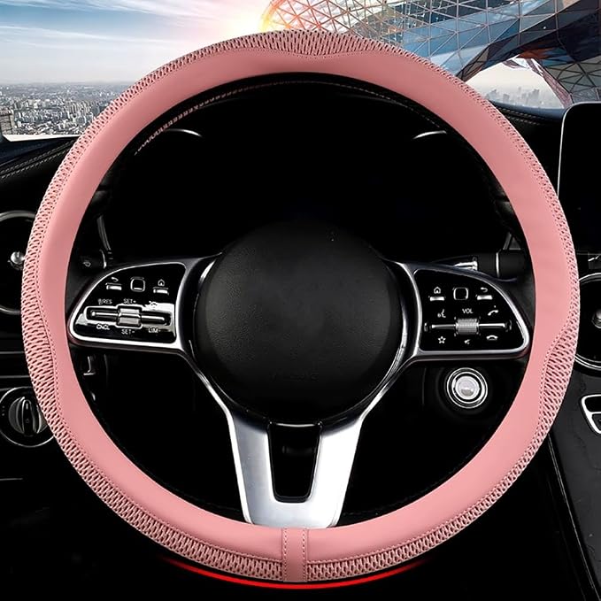 Car Steering Wheel Cover, Universal 15 inch, The Latest Microfiber Leather Breathable Technology Fabric, Non-Slip, Comfortable, Warm in Winter and Cool in Summer,Pink