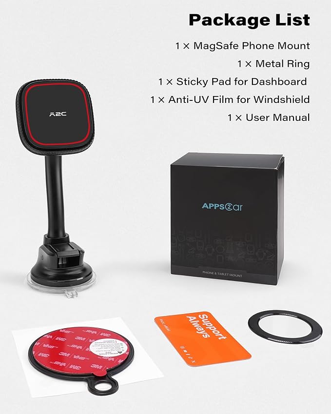 Phone Holder for Car, Dashboard Windshield Phone Holder Mount with Flexible Arm & Built-in Strong Magnets, Suction Cup Phone Holder for Car Compatible with MagSafe