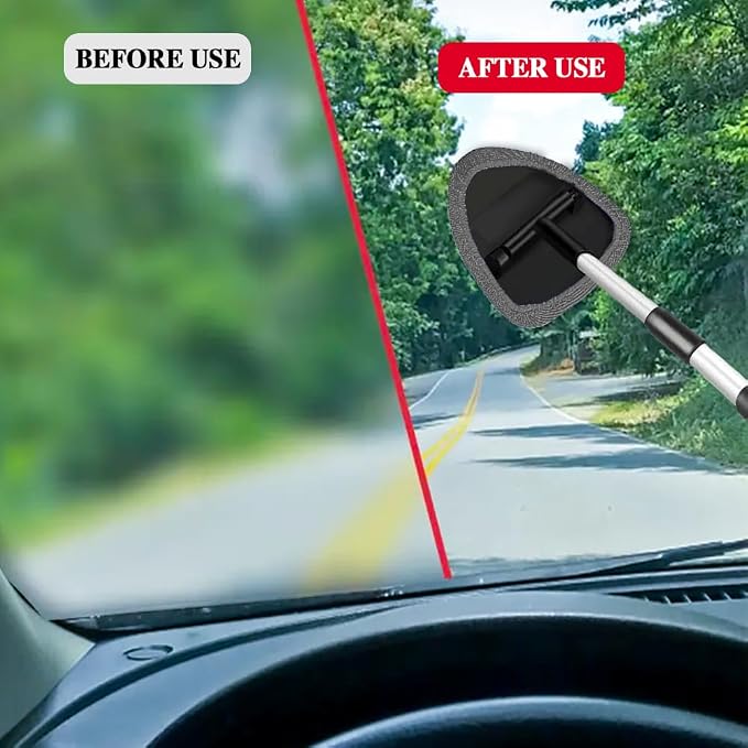 Windshield Cleaning Tool, Car Window Cleaner with Extendable Long Handle and 4 Washable Reusable Microfiber Pads, Auto Interior Exterior Auto Glass Wiper for Windshield, Universal for Most Cars (Grey)