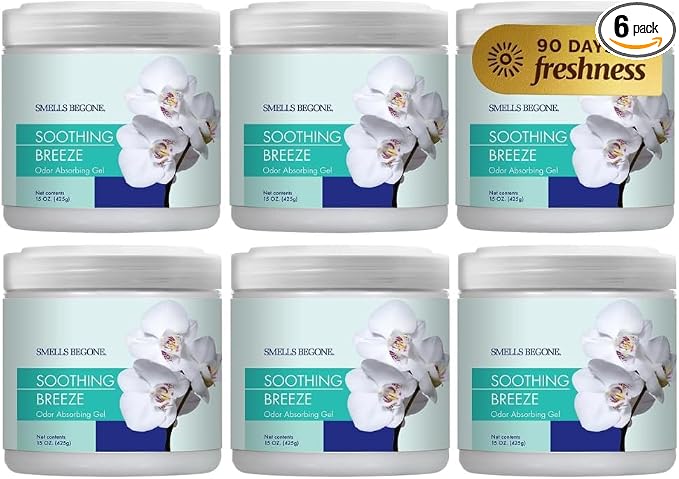 15oz Gel Odor Eliminator - Absorb & Remove Tough Odors in Pet Areas, Bathrooms, Basements, Garage, Cars, RVs & Boats - Eliminate Odors Quickly (6-Pack, Soothing Breeze)