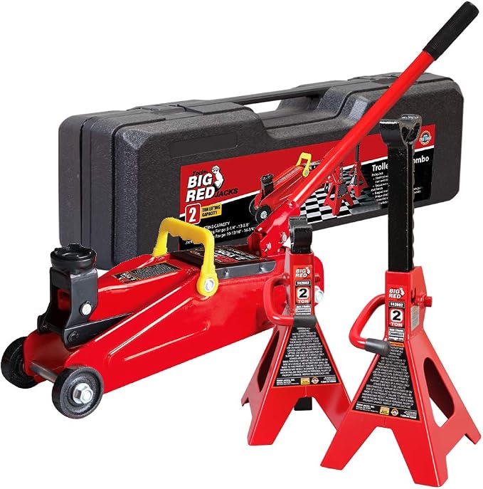 T82001S Torin Hydraulic Trolley Service/Floor Jack Combo with 2 Jack Stands and Blow Mold Carrying Storage Case, 2 Ton (4,000 lb) Capacity, Red