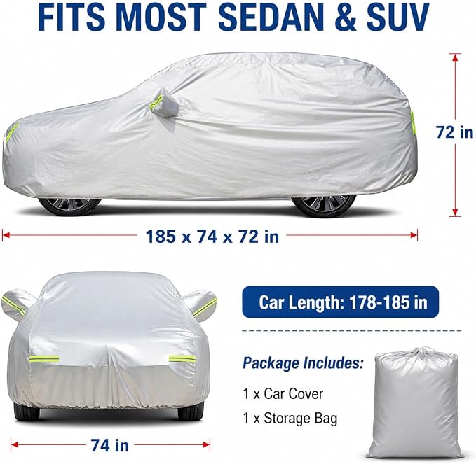 5-Layer Heavy Duty Car Cover for Sedans (185"L x 74"W x 60"H) | Waterproof Vinyl Outer,All-Weather Outdoor Indoor | Windproof Straps, Mirror Pockets, Door Zipper | UV Snow Rain Dust Protection
