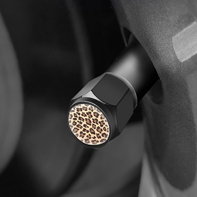 Tire Valve Stem Caps Cover,4 Pcs Metal Black Air Valve Cap, Aluminum Car Wheel Stem Caps,Universal Stem Covers for Cars,Trucks,Bikes,Bicycles, Motorcycles,Corrosion Resistant (Leopard)
