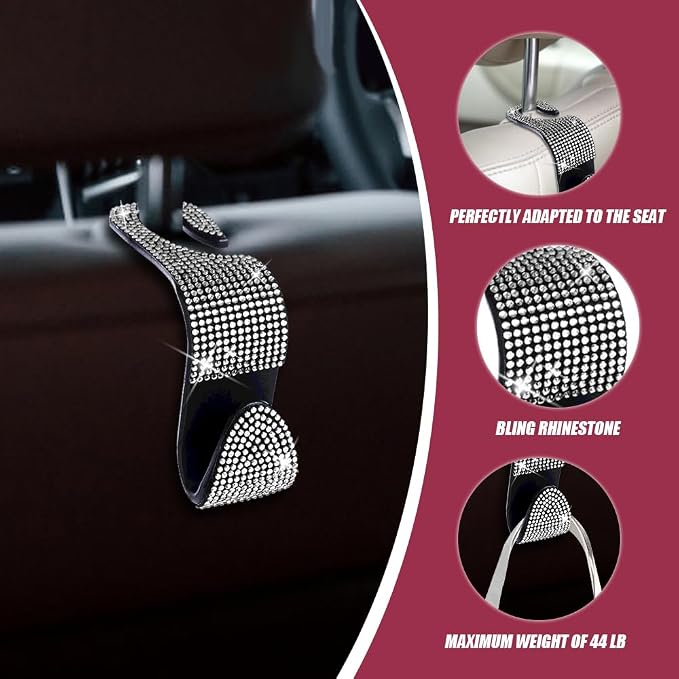 2 Pack Car Hooks, Bling Rhinestones Crystal Hooks, Auto Seat Back Organizers, Car Decorations Backseat Hanger, Car Seat Hooks Perfect for Holding Handbags, Clothes, Purses and Water Bottles