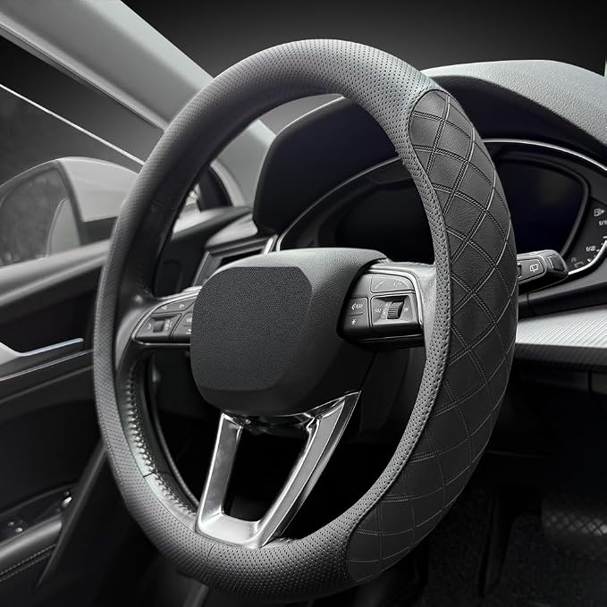 Nappa Leather Steering Wheel Cover, Elegant Diamond Checkered Design, Non-Slip wear-Resistant, Enhance Driving Comfort, Suitable for Steering Wheel Diameter 14 1/2‘-15’ Models.Black