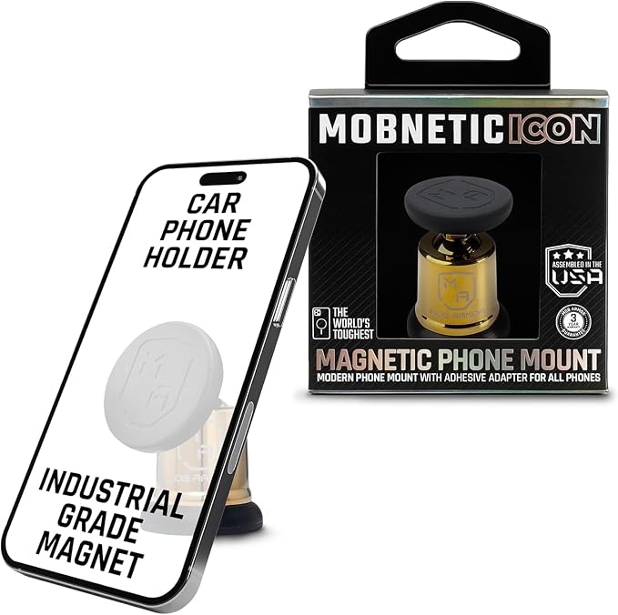 MobNetic Icon Car Phone Mount, Magnetic Phone Holder for Car w/ 90lb Pull Force, 90º Tilt & 360º Rotation, Aluminum Build, Compatibility for iPhone & Android (Gold)
