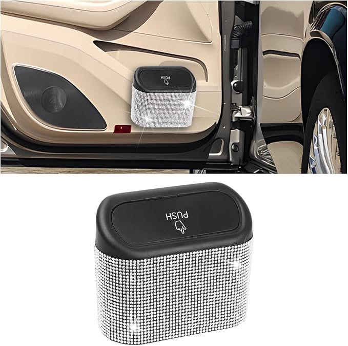 Bling Car Trash Can with Lid, Crystal Rhinestones Leakproof Auto Garbage Hanging Container Bin, Multipurpose Diamond Dustbin Storage Organizer, Universal Vehicle Accessories (White)