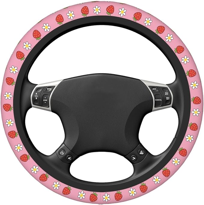 Strawberry Steering Wheel Cover for Women Girls, 15 Inch Universal Floral Daisy Car Steering Wheel Protector, Cute Pink Neoprene Non-Slip Breathable Auto Interior Decor for Most Vehicles, SUV, Sedan