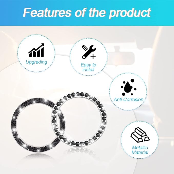 Car Bling Crystal Rhinestone Engine Start Ring Stickers, 1 Single Drainage Drill and 1 Double Drainage Drill Car Start Button Cover, Key Ignition Knob Bling Ring Decals, Car Accessories(Set Black)