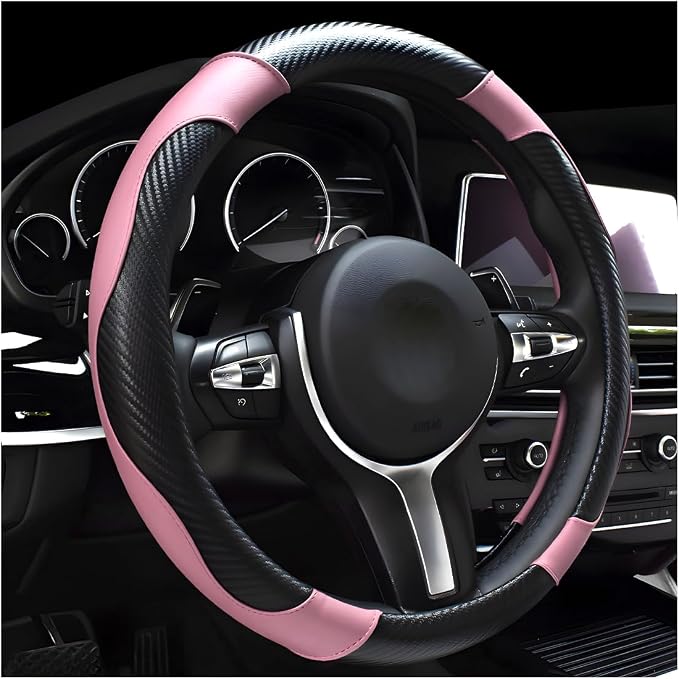 Car Steering Wheel Cover, 15 Inch Carbon Fiber Leather Stitching Color Steering Wheel Protector, Anti-Slip Elastic Breathable Steering Wheel Cover Stylish Decor for Most Cars (Black&Pink)