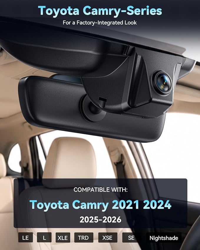 4K STARVIS 2 Dash Cam for Toyota Camry LE SE XLE XSE Nightshade,OEM-Style Hidden Front and Rear Camera, WiFi App, Loop Recording, G-Sensor, Parking Hardwire Kit Included, 64GB