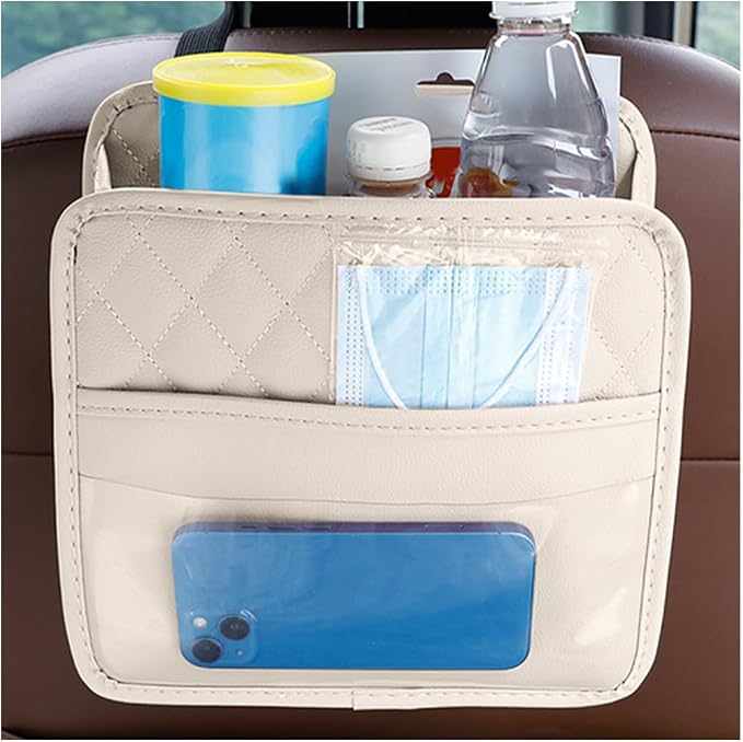 Car Seat Back Organizer, Leather Multipurpose Collapsible Vehicle Backseat Hanging Bag, Portable Automotive Interior Seat Storage Organizer, Universal for SUV RV Truck (Beige)