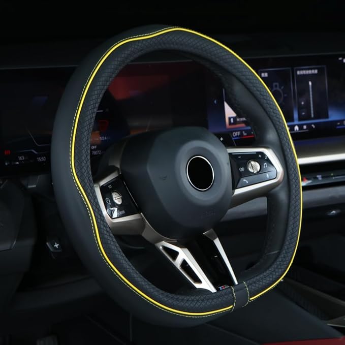 Flat Bottom Steering Wheel Cover Anti-Slip,Safety,Soft,Breathable,Durable,Full Surround,Comfortable Grip Microfiber Leather (D Shape, Black Yellow)