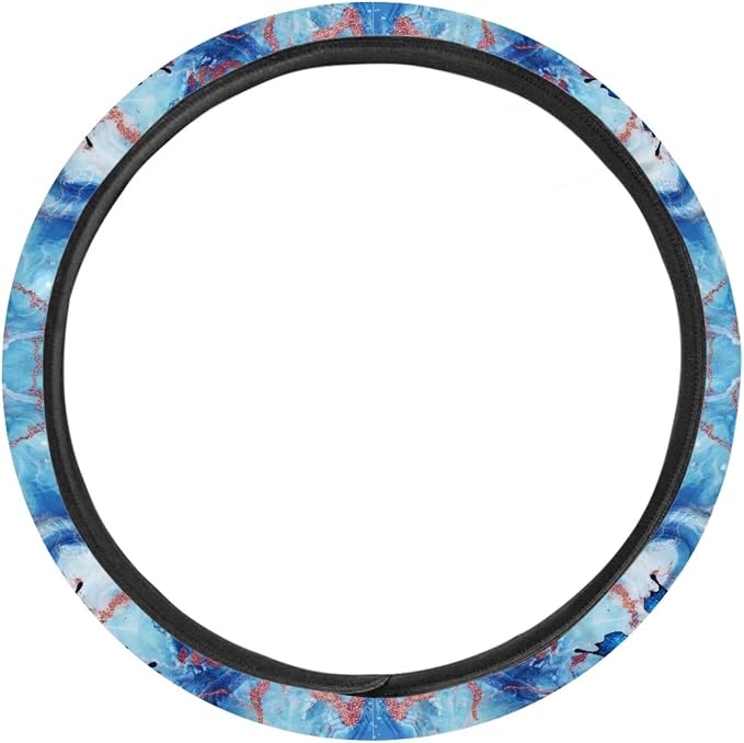 Sweat Absorption Steering Wheel Cover for SUV Van Truck Car Butterfly Marble Texture Blue Pattern Universal Car Wheel Cover Polyester Cover with Anti-Slip Lining