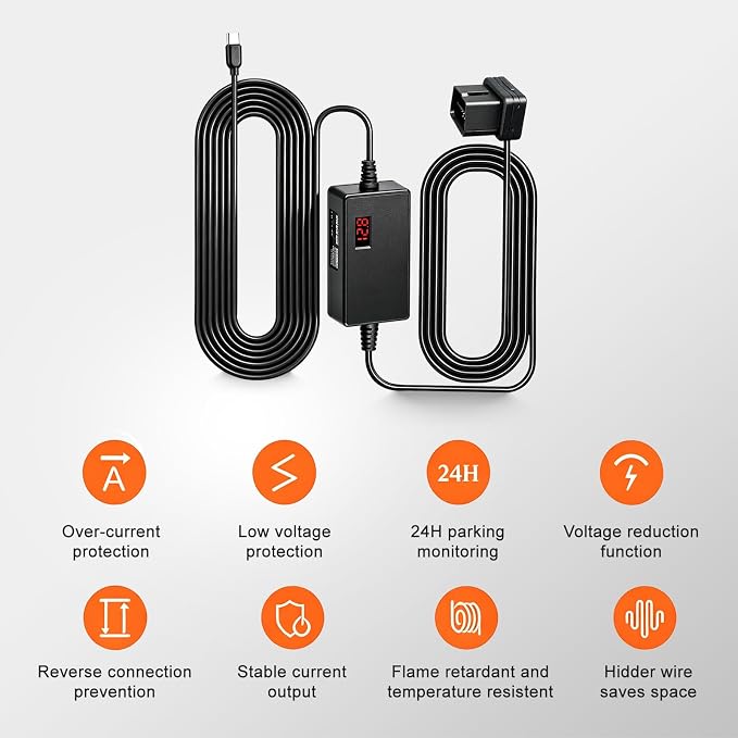 Dash Cam OBD Hardwire Kit Power Cable Type USB C Port | 10.5FT 12V-24V To 5V,for Dash Camera Three-Level Low Voltage Protection for Car Drivers Vehicle Dash Cam Power Cable - Black
