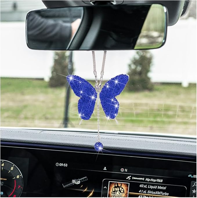Bling Butterfly Diamond Car Accessories, Crystal Car Rear View Mirror Charms for Women, Car Decoration Lucky Gifts Hanging Interior Crystal Ornament Pendant Decor for All Cars (Dark Blue)