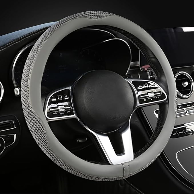 Car Steering Wheel Cover, Universal 15 inch, The Latest Microfiber Leather Breathable Technology Fabric, Non-Slip, Comfortable, Warm in Winter and Cool in Summer, Grey