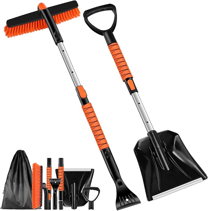 Ice Scraper with Snow Brush and Snow Shovel, 35" Extendable Snow Remover with Foam Grip, 360° Pivoting Brush Head for Car Windshield, Emergency Snow Scraper for SUV Truck Vehicle, Orange