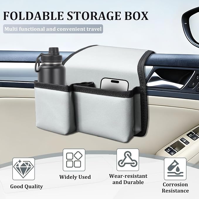 Car Window Armrest Storage Box, Comfortable Leather Vehicle Door Side Arm Rest Pad Organizer Bag, Multifunctional Automotive Window Armrest Storage Pocket, Universal for SUV Van Truck (Gray)