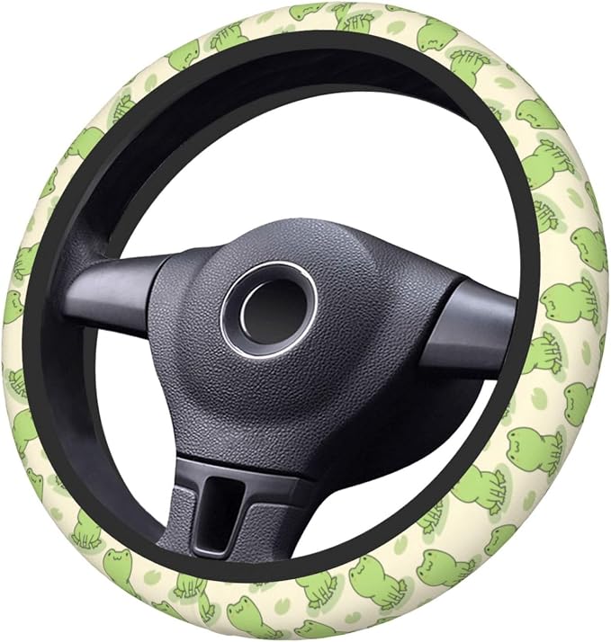 Frog Steering Wheel Cover Anti-Slip and Practical 14.5-15 Inch Universal Car Steering Wheel Cover with 2 Pieces Car Coasters Suitable for Men Women