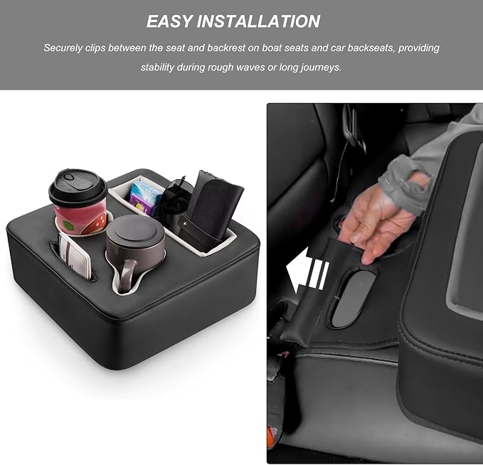 Sun Walker Back Seat Cup Holder for Car, Waterproof Rear Seat Organizer Expander Tray to Store Phone Drink Snack, Universal Leather Cup Holder Pillow for Truck RV Boat Sofa Bed (Gray)